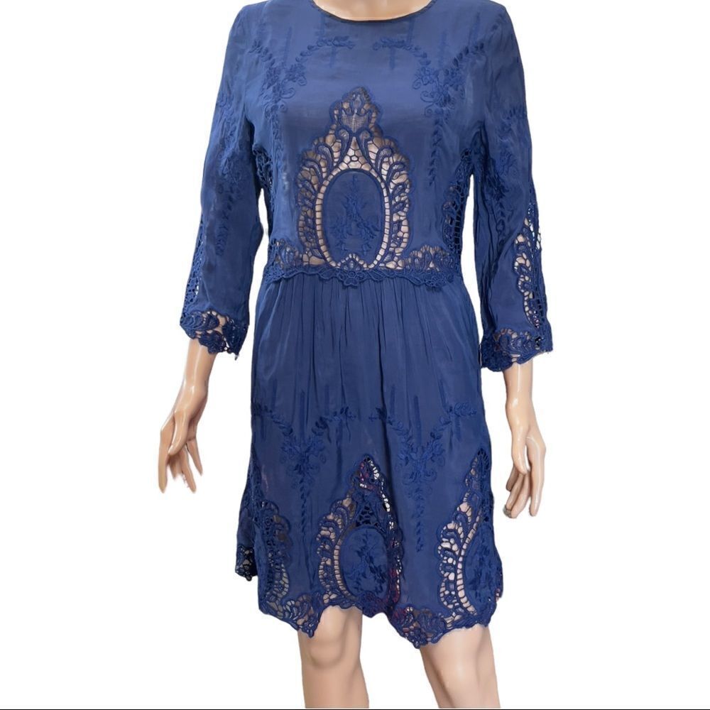 ezra Blue Embroidered Lace Dress Sz M